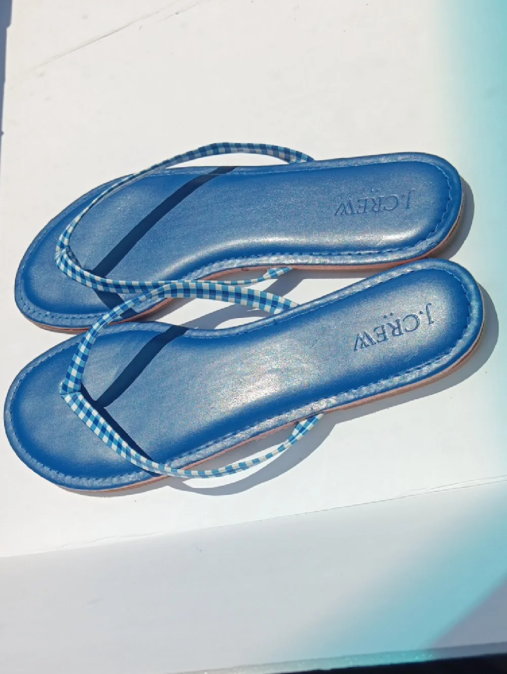 J. Crew Cobalt Blue Leather Flip Flops with Blue Gingham Straps
